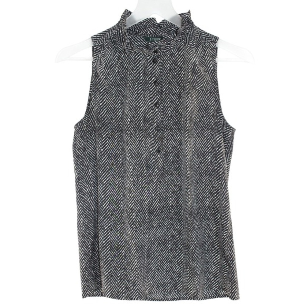 J.Crew Sleeveless Blouse Herringbone Chevron Ruffle Neck Size 0 Black White